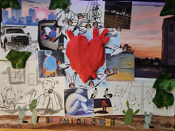 collage depeciting images of loneliness surrouned by a large heart